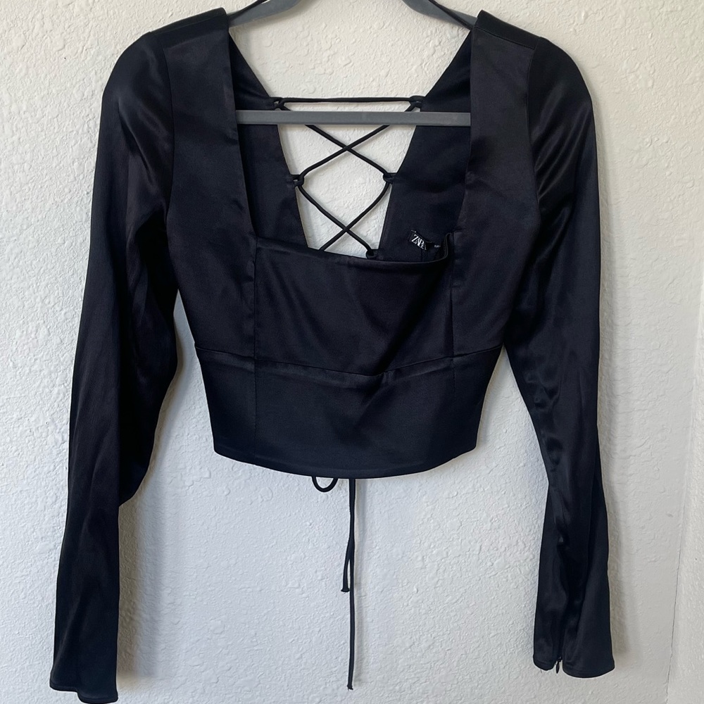 Zara black long sleeve satin crop top